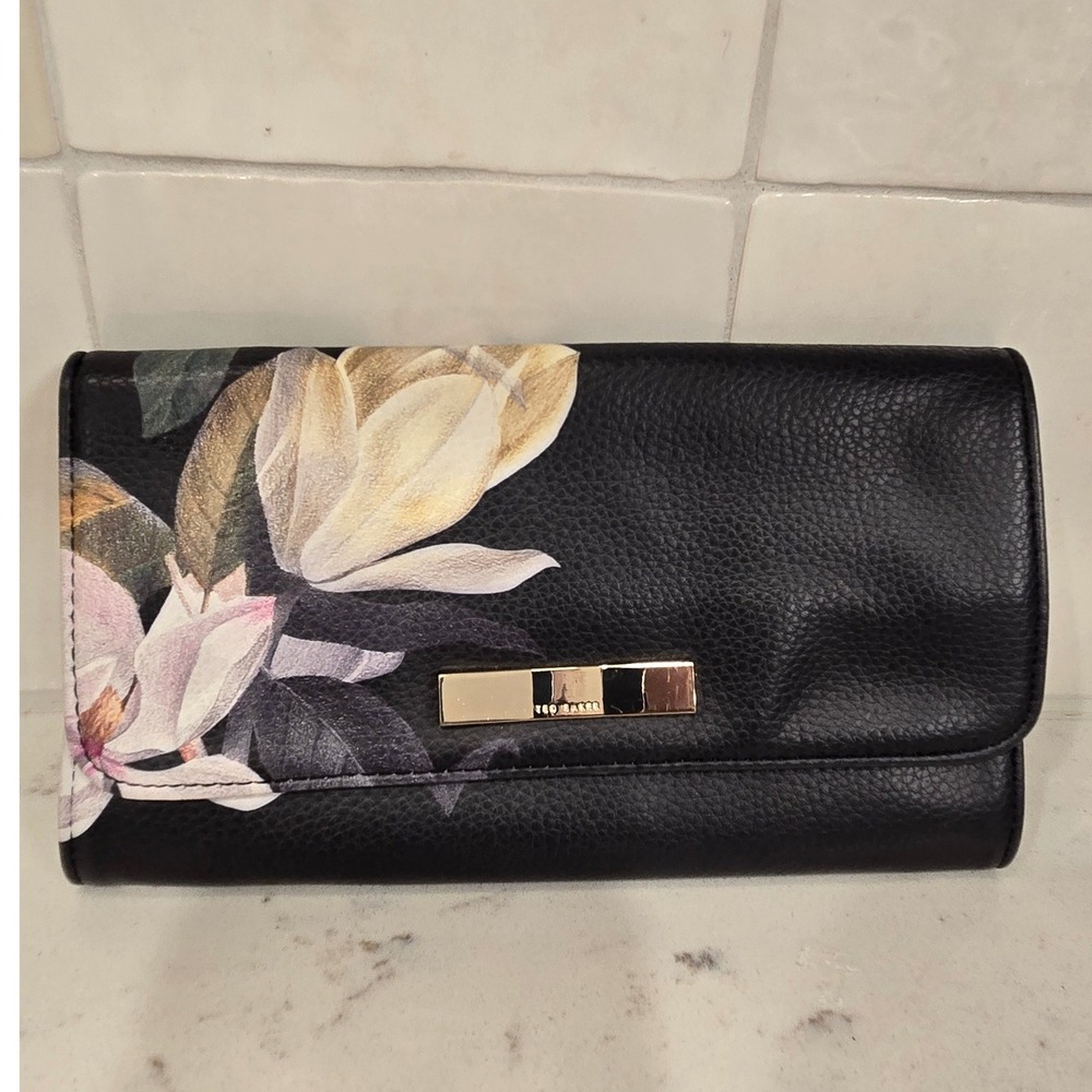 Ted Baker London Black Magnolia Floral Jewelry Roll Travel Organizer Case
